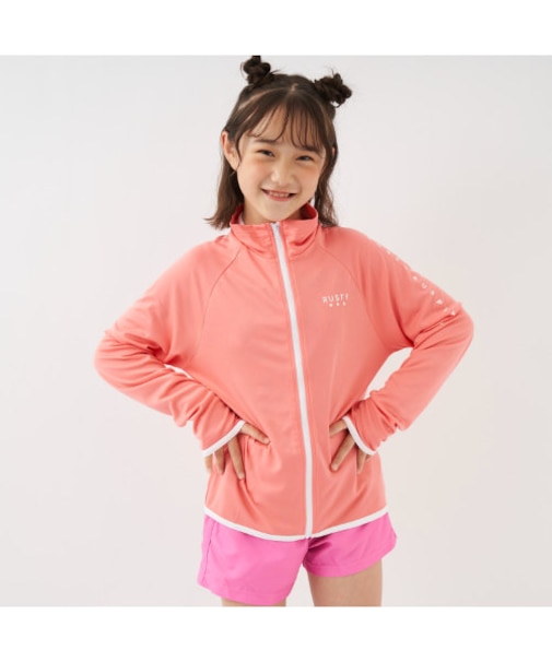 RUSTYキッズ/ラスティキッズ ラッシュガード | UPF50+/接触冷感/フード無し/指穴付き/袖プリント/ハイネック