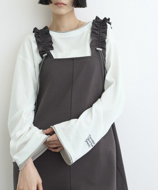 【接触冷感/ドット柄あり】フェイクレイヤードシアースラブ刺繍オーバーTee