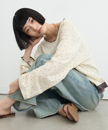 【接触冷感/ドット柄あり】フェイクレイヤードシアースラブ刺繍オーバーTee