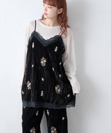 Aguniベロアビジュー刺繍レースランジェリーチュニック