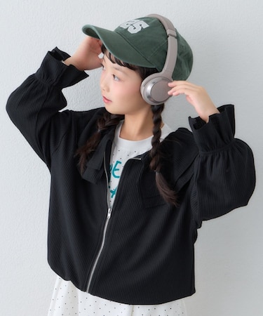 【KIDS】前後2WAYラッフルフリルZIPカーデ