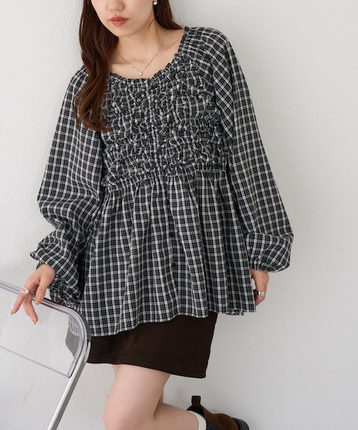 チェック柄シャーリングチュニック
