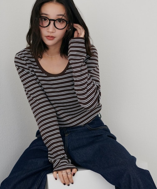 リブUネックロングスリーブ