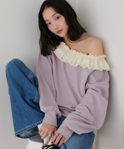 異素材フリル2WAYワンショルスウェット