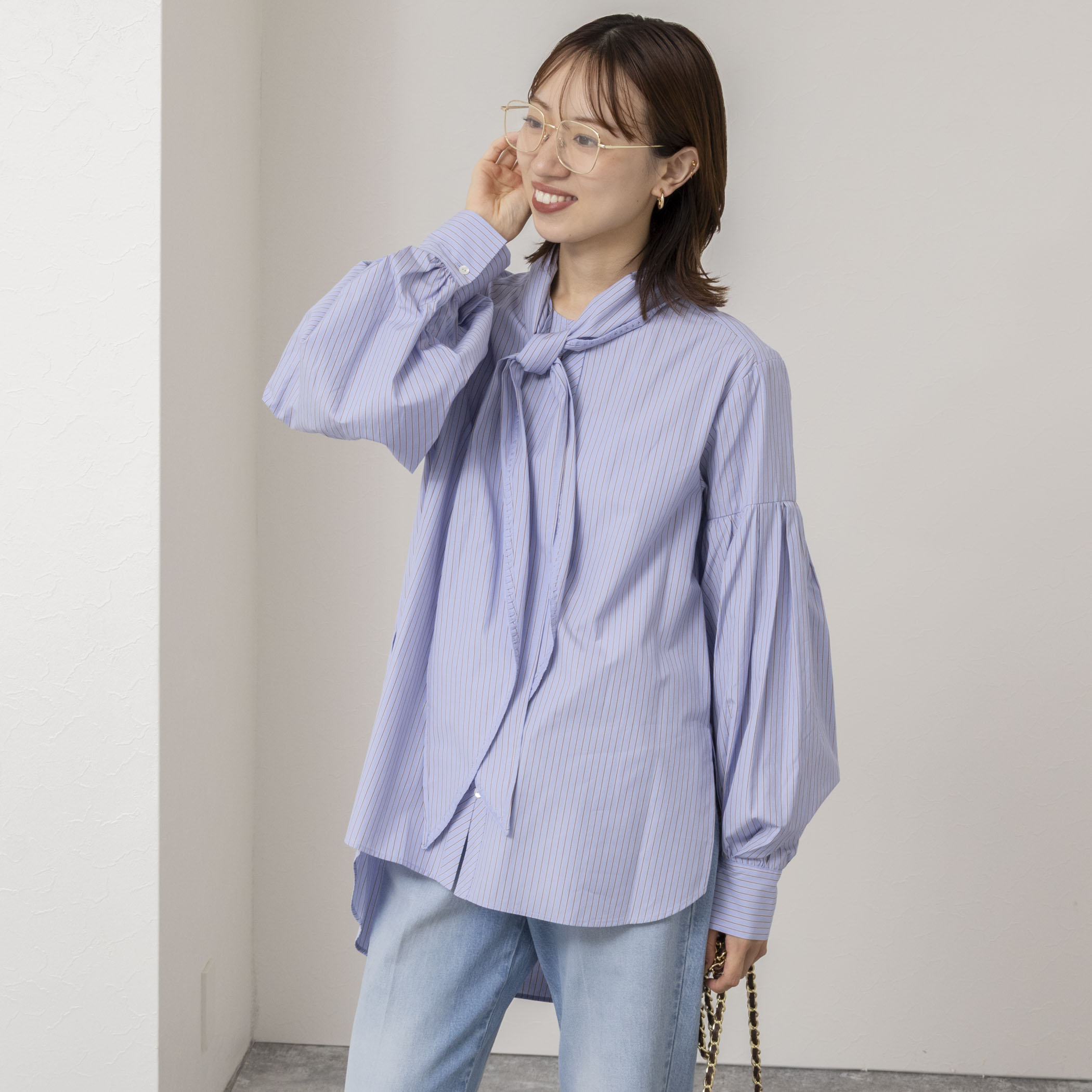 【MARILYN MOON/マリリーンムーン】stripe embroidery tie blouse
