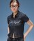 SCRIPT LOGO SHIRRED S/S ZIP UP TOP
