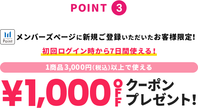 point3 メンバーズページに新規ご登録いただいたお客様限定！ 初回ログイン時から！1商品3,000円(税込)以上で使える &yen;1,000OFFクーポンプレゼント！
