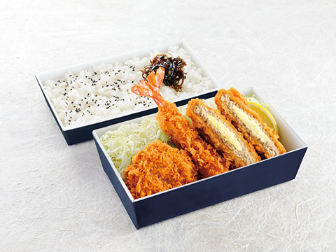 盛合せ弁当「からたち」<BR>（一口ひれかつ・小海老フライ・チーズ入りメンチカツ）