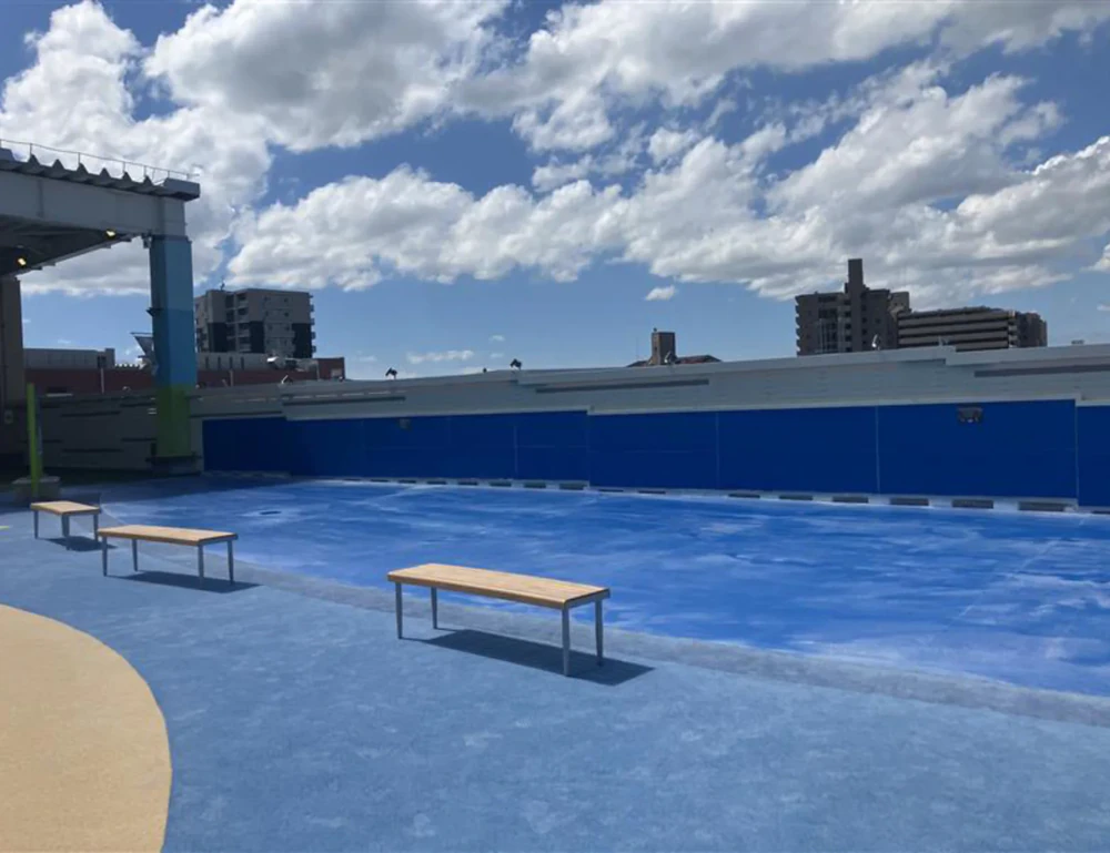 A large blue ground where you can freely draw with chalk.