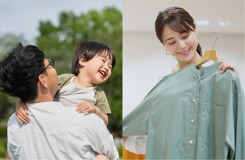 아이와 노는 아버지와 쇼핑을 즐기는 여자