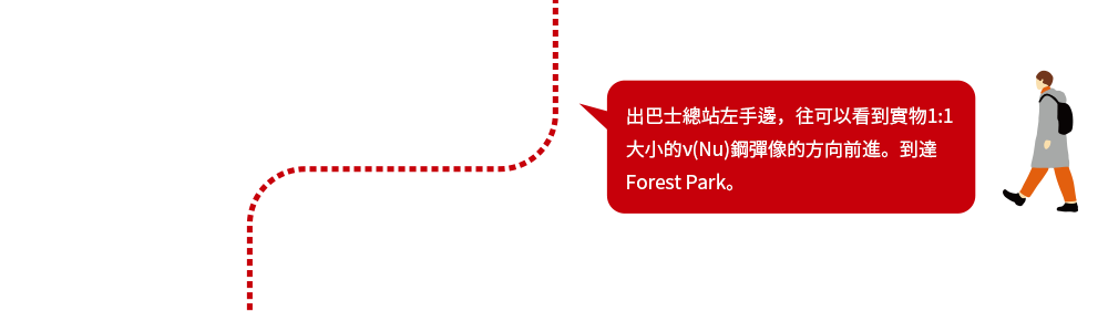 On the left hand side of the station, you can see the real thing 1:1 big and small ν (Nu) moving forward in the direction of the steel statue. Reach Forest Park.