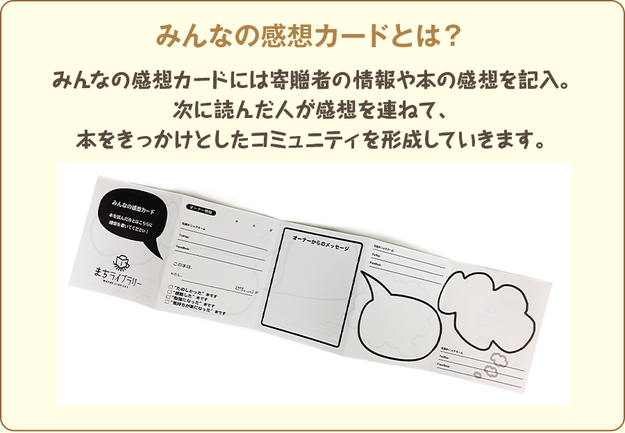 みんなの感想カードとは? みんなの感想カードには寄贈者の情報や本の感想を記入。次に読んだ人が感想を連ねて、本をきっかけとしたコミュニティを形成しています。