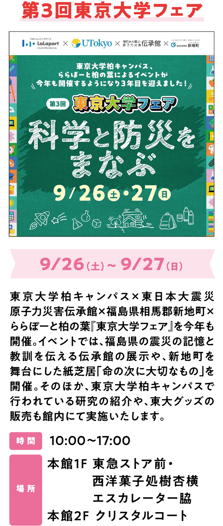 第3回東京大学フェア 9/26（土）～ 9/27（日）東京大学柏キャンパス×東日本大震災原子力災害伝承館×福島県相馬郡新地町×ららぽーと柏の葉『東京大学フェア』を今年も開催。イベントでは、福島県の震災の記憶と教訓を伝える伝承館の展示や、新地町を舞台にした紙芝居「命の次に大切なもの」を開催。そのほか、東京大学柏キャンパスで行われている研究の紹介や、東大グッズの販売も館内にて実施いたします。時 間 10:00～17:00 場 所 本館2F クリスタルコート