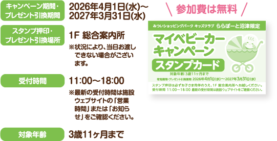 キャンペーン期間・プレゼント引換期間：2026年4月1日(水)〜2027年3月31日(水)まで スタンプ押印・プレゼント引換場所 1F 総合案内所※状況により、当日お渡しできない場合がございます。受付場所：11:00～18:00※最新の受付時間は施設ウェブサイトの「営業時間」または「お知らせ」をご確認ください。
              対象年齢：3歳11ヶ月まで
