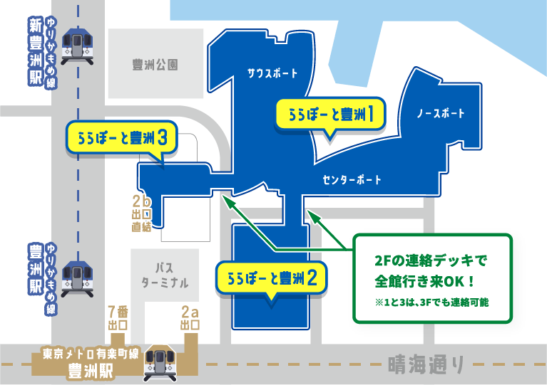周囲の駅とららぽーと豊洲1・2・3の位置関係の地図 2Fの連絡デッキで全館行き来OK！※1と3は、3Fでも連絡可能