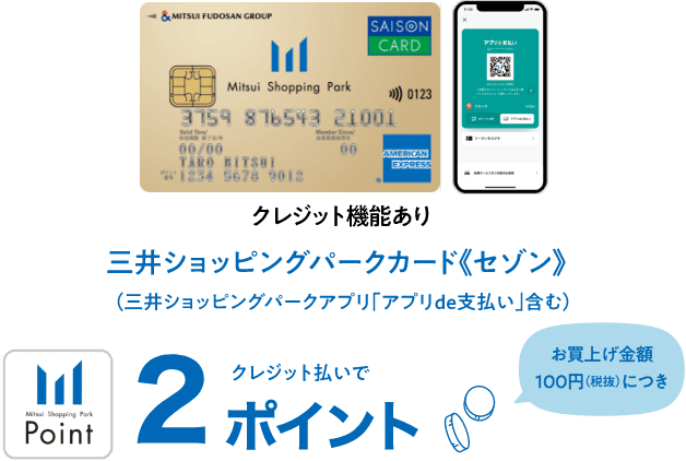 三井ショッピングパークカード《セゾン》（三井ショッピングパークアプリ「アプリde支払い」含む） お買い上げ金額100円（税抜）につきクレジット払いで2ポイント クレジット機能あり